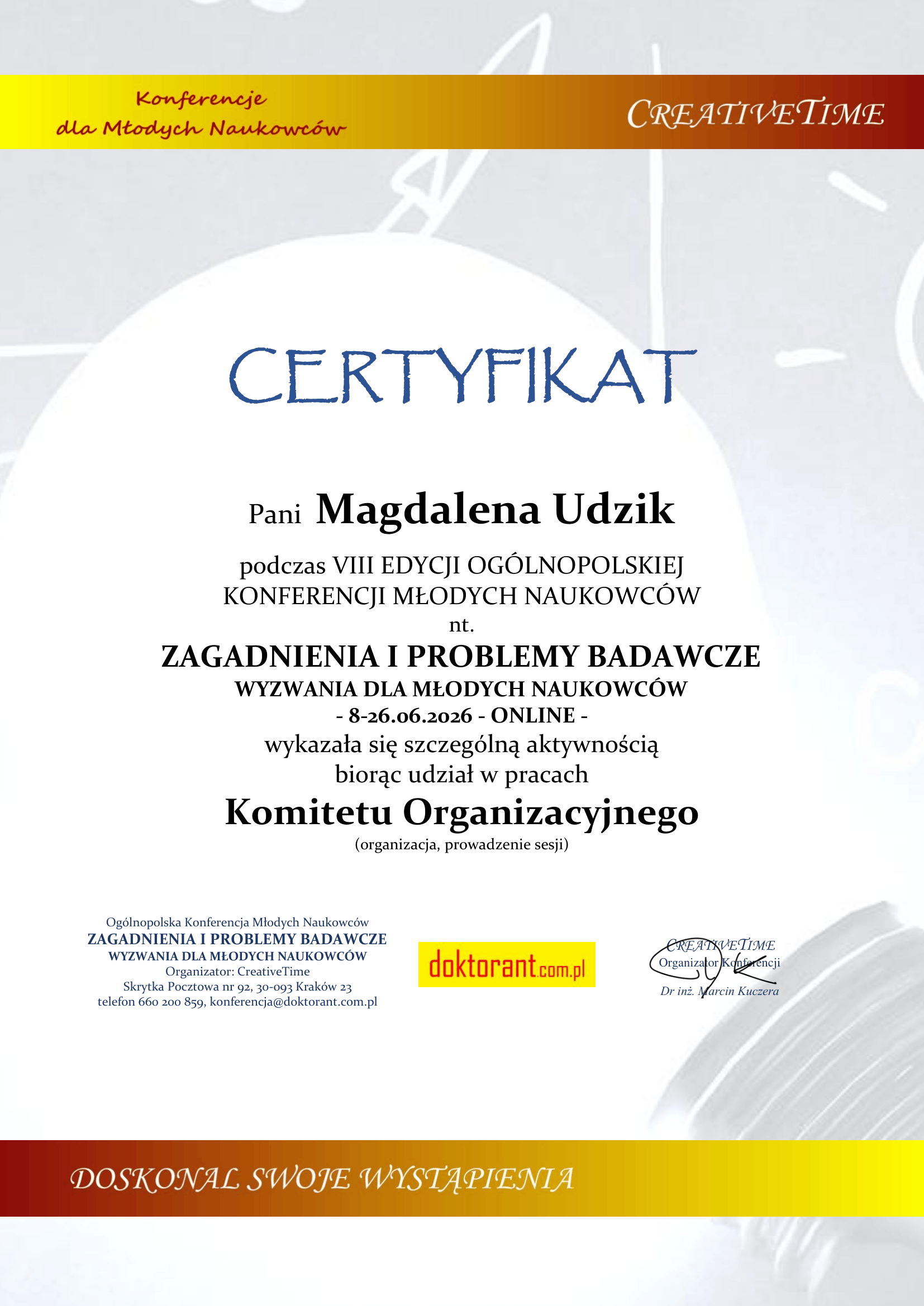 certyfikat M.Udzik za pracę w komitecie organizacyjnym