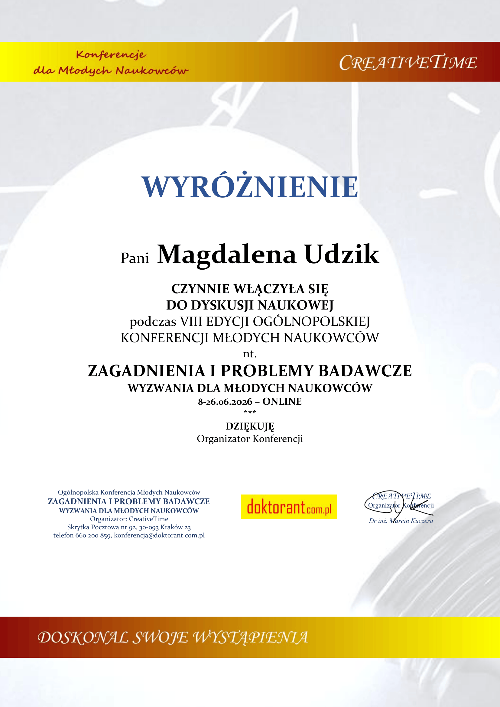 wyróżnienie M.Udzik za czynny udział w dyskusjach
