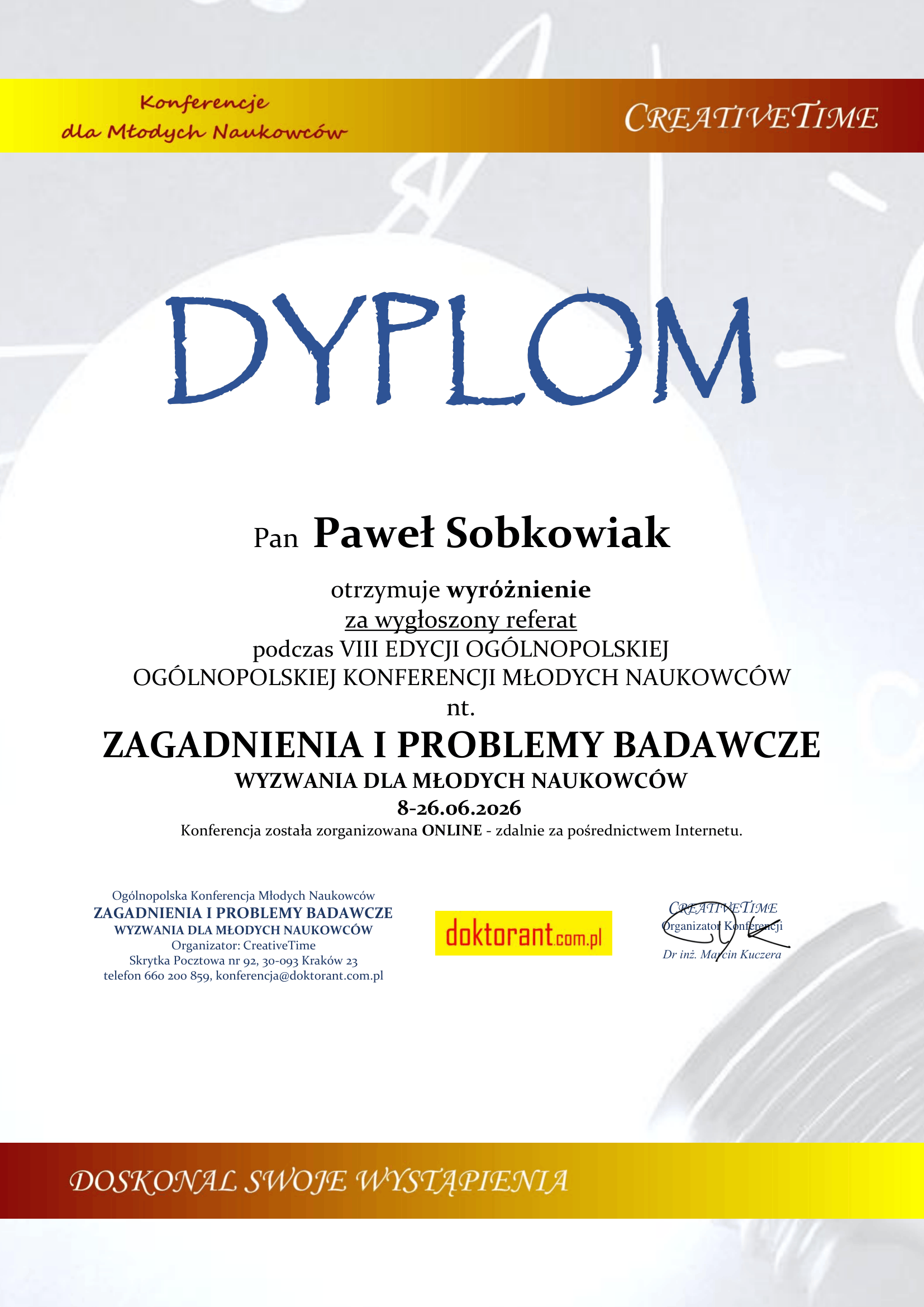 wyróżnienie P. Sobkowiaka za referat