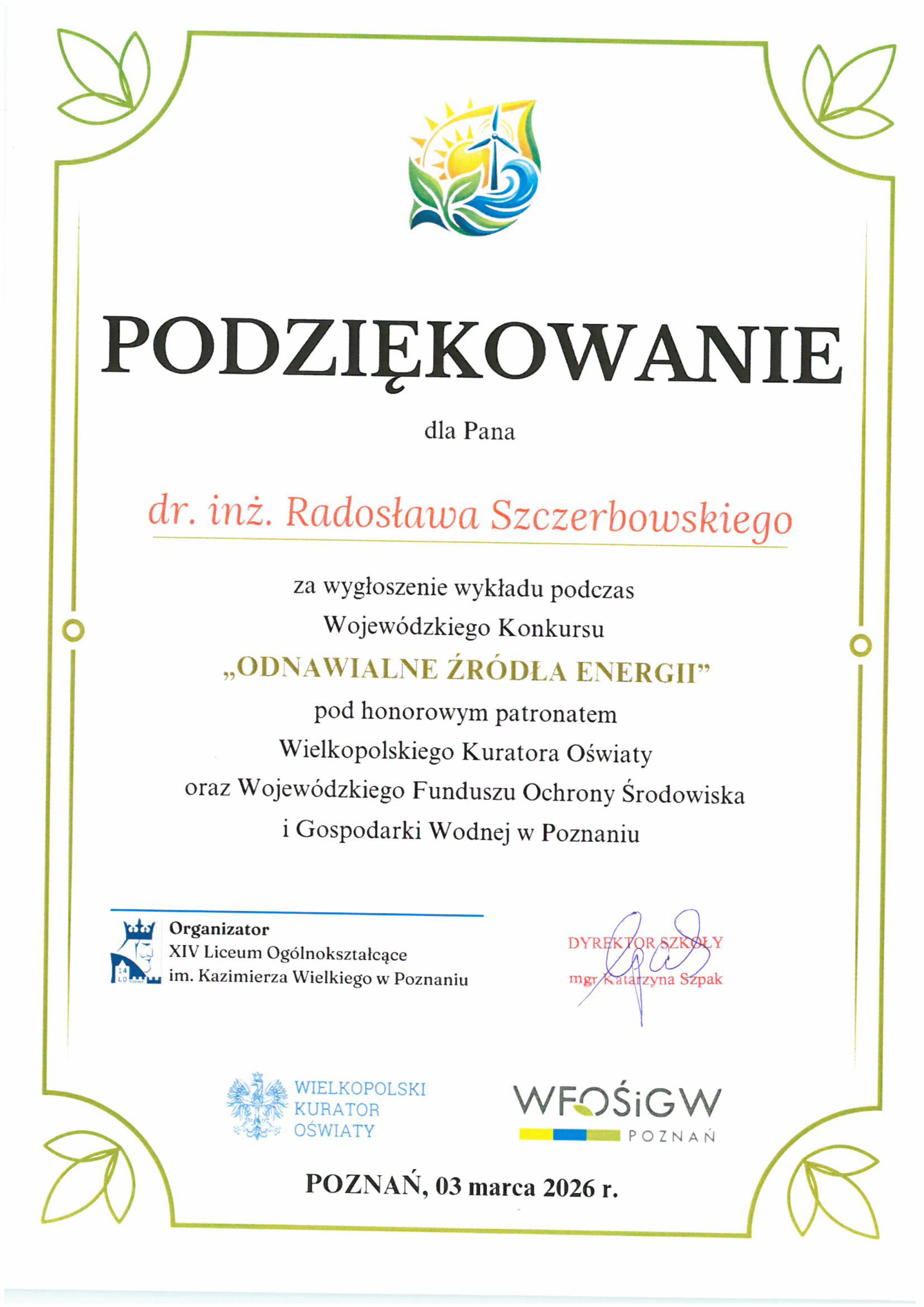 dyplom z podziękowaniem dla dr inż. R. Szczerbowskiego za wygłoszenie referatu