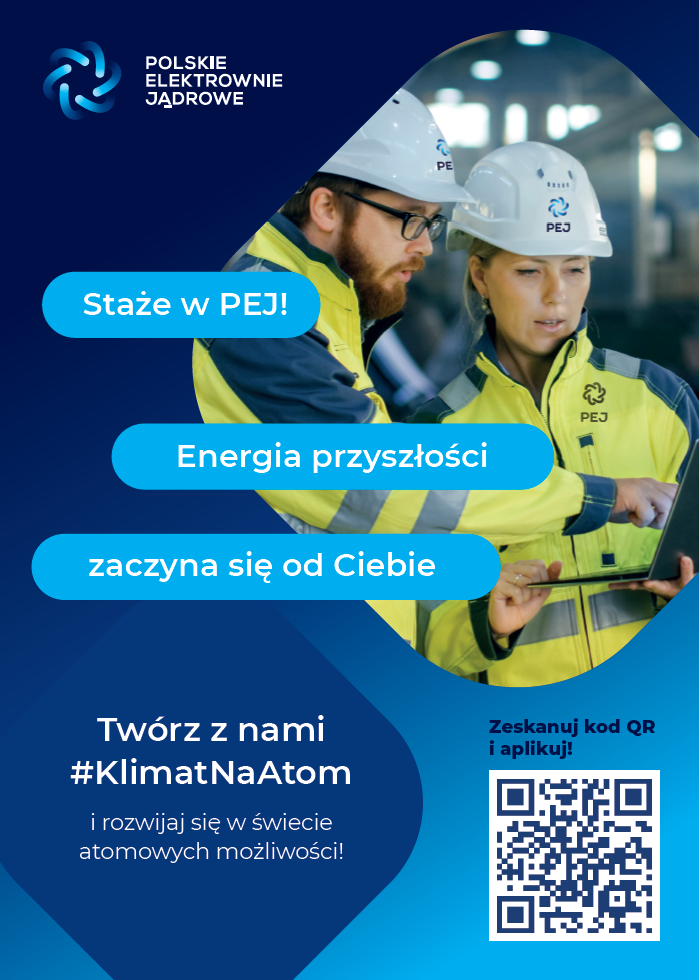 Plakat rekrutacyjny Polskich Elektrowni Jądrowych (PEJ) z hasłem 'Twórz z nami klimat na atom' – pracownicy w kaskach i kombinezonach na tle turbin, logo PEJ, hasztag #KlimatNaAtom i kod QR do aplikacji o pracę