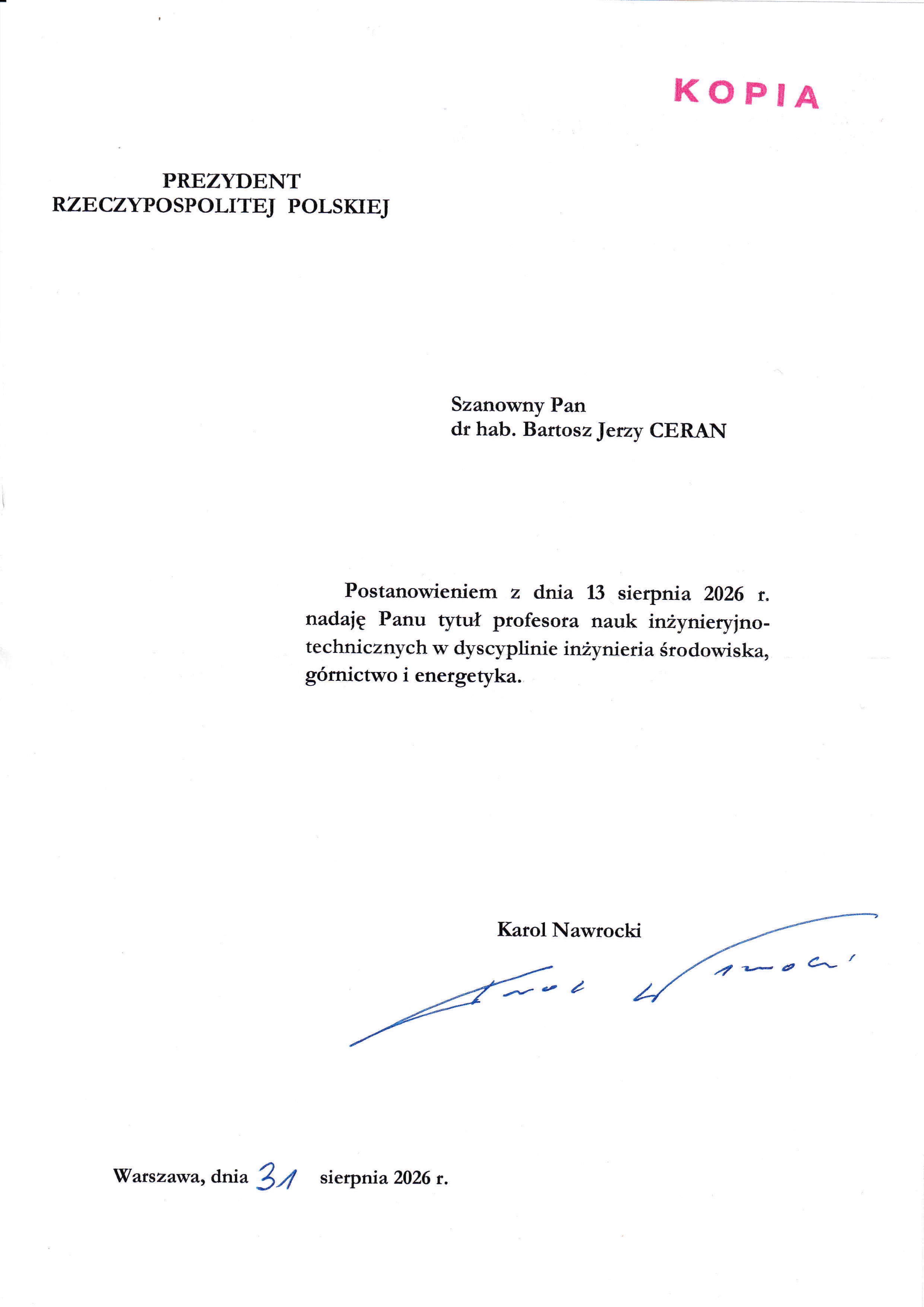 list od prezydenta potwierdzający nadanie tytułu