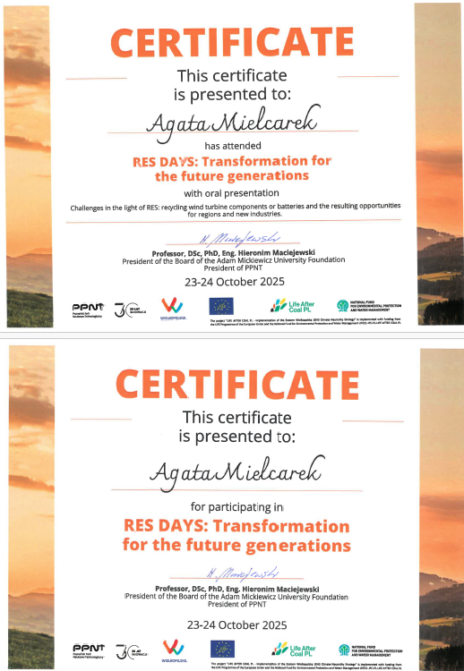 Skan certyfikatów przyznanych dr inż. Agacie Mielcarek: pierwszy za wygłoszenie referatu, drugi za udział we wydarzeniu