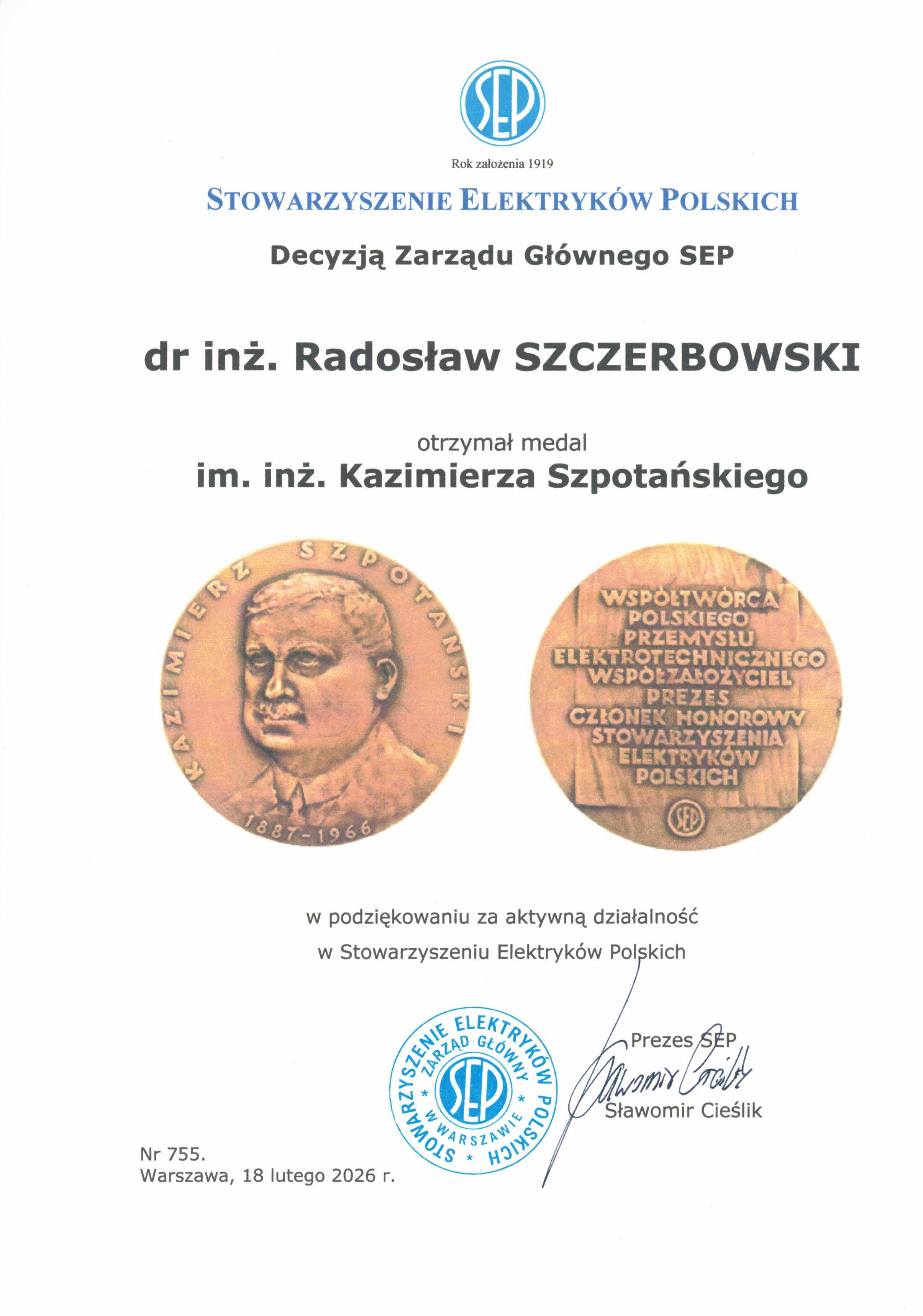 dyplom dotyczący przyznania medalu