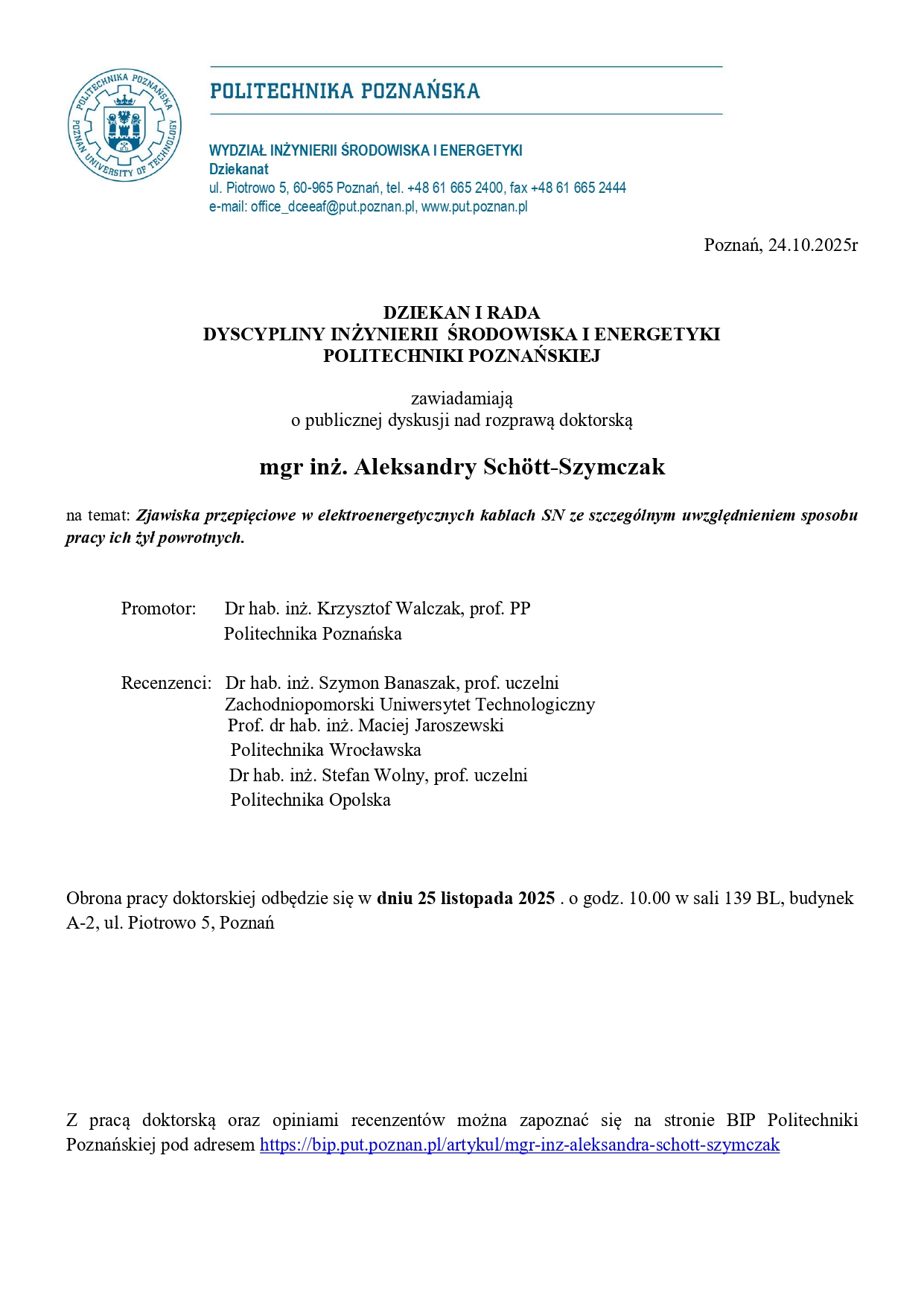 zaproszenie na obronę pracy doktorskiej, informacje jak w artykule wyżej